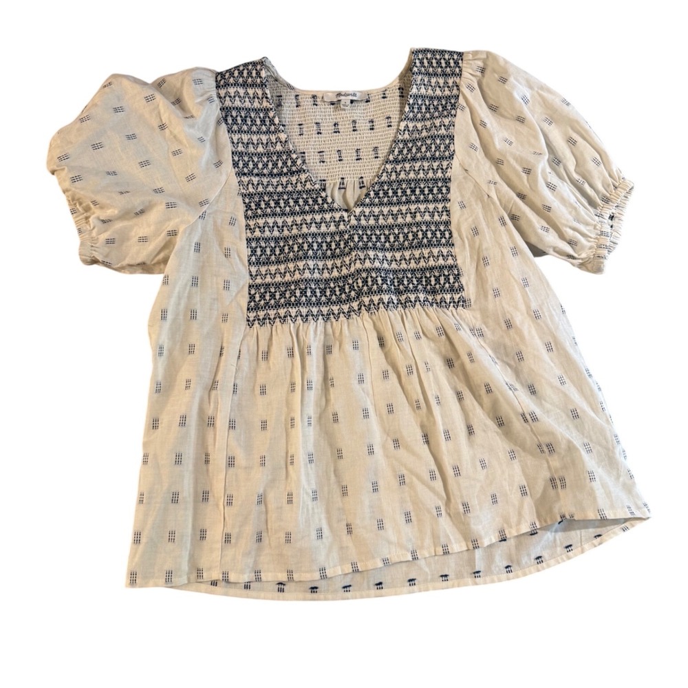 Madewell Smocked V-Neck Puff Sleeve Embroidered Blouse White Navy Blue Small